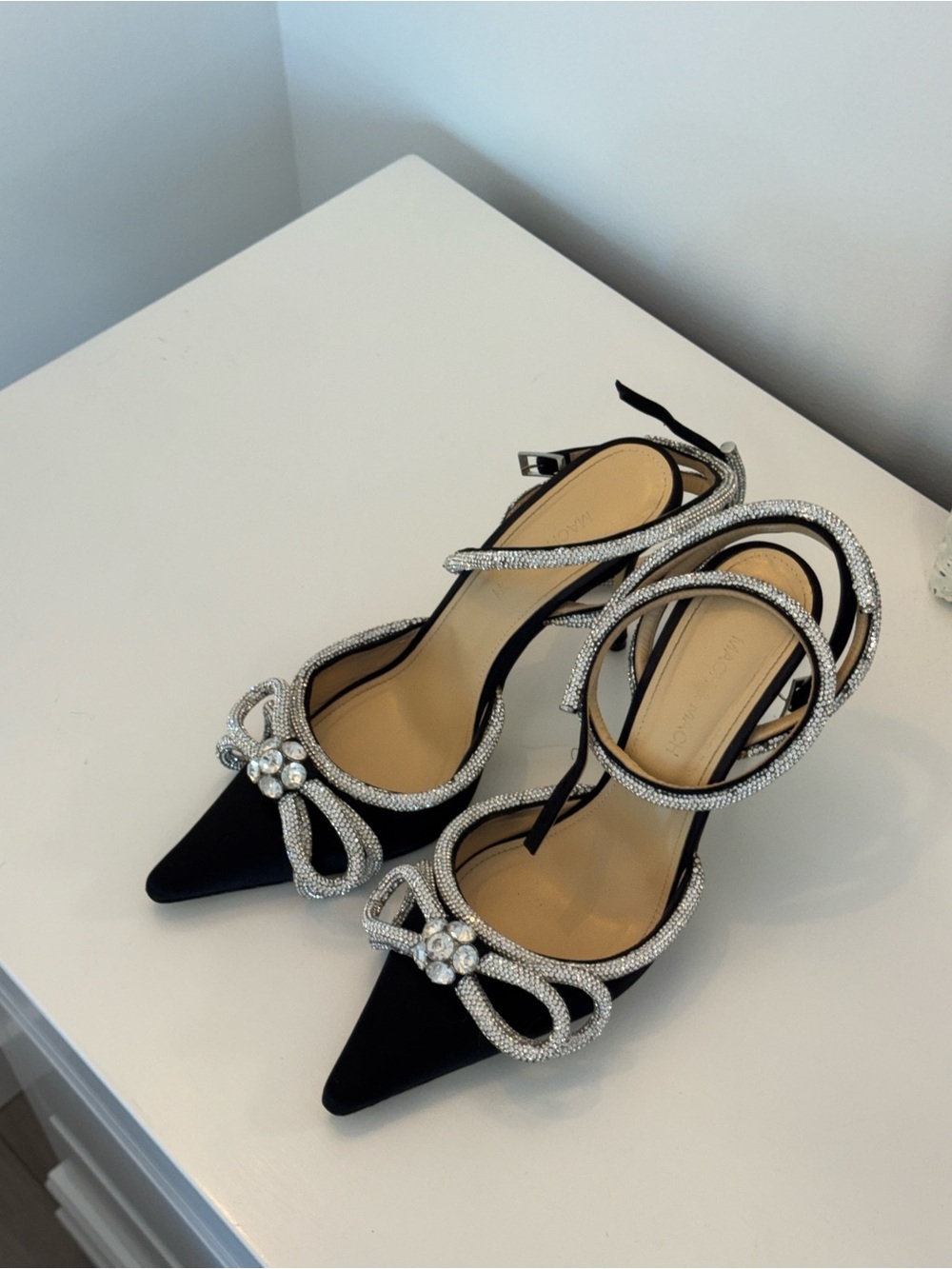 MACH & MACH double bow black & silver strappy heels